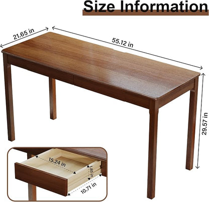 Solid Wood Desk with Drawers - 55 x 22 Inch Vintage Desks, Mid Century Modern Desks, Rubber Wood Study Table, Writing Desk with Drawers for Bedroom|Any Spaces - Walnut Color