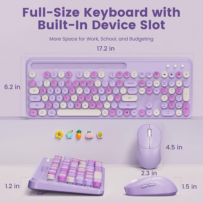 Wireless Keyboard and Mouse Combo, Retro Round Keycaps, Full-Size Stylish Typewriter Keyboard with Large Phone/Tablet Holder, 3-Level DPI Ergonomic Mouse, 2.4GHz Cordless for Windows PC, Lavender Mist