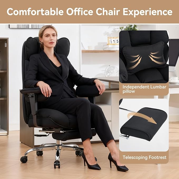 Efomao Executive Office Chair, Mesh Black Fabric Big and Tall Desk Chair | Breathable fabric, pocket spring & foam seat, retractable footrest, 135° recline for computer gaming setup