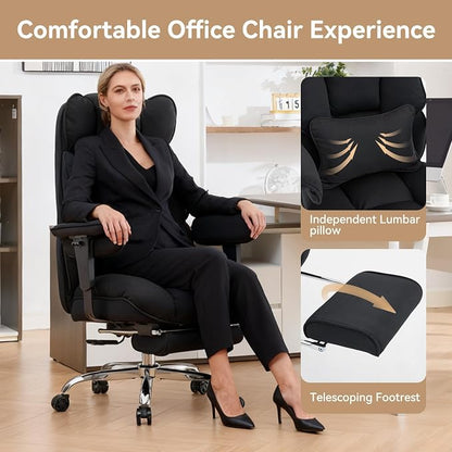 Efomao Executive Office Chair, Mesh Black Fabric Big and Tall Desk Chair | Breathable fabric, pocket spring & foam seat, retractable footrest, 135° recline for computer gaming setup