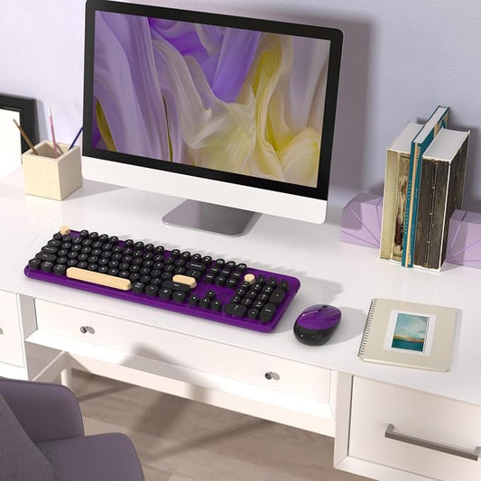Colorful Wireless Keyboard and Mouse Combo, Retro Typewriter Style Round Keys, 2.4GHz Ergonomic Aesthetic Computer Keyboard with Wrist Rest for Mac, Windows, Laptop, PC(Violet Color)