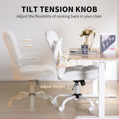 Home Office Ergonomic Desk Chair - Comfy Fabric Executive Chair with Flip-Up Armrests, Height Adjustable Computer Chair for Gaming, 360° Swivel & Rocking (White)