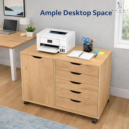 Naomi Home Under Desk Rolling Office File Cabinet with 5 Drawers & Side Storage Cabinet, Mobile Organizer with Shelves & Swivel Casters for Home Office - Natural