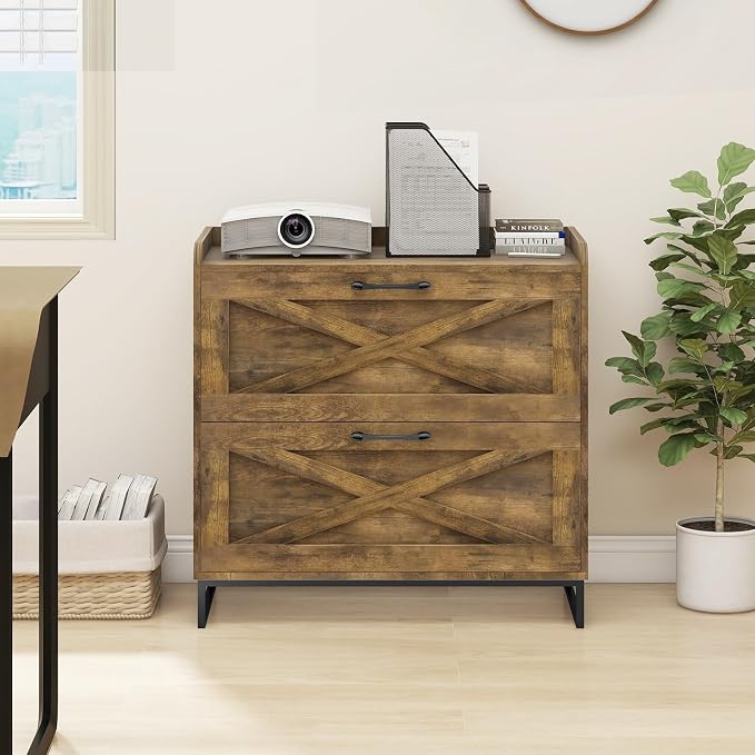 Halitaa File Cabinet 2 Drawers Lateral File Cabinet with Charging Station for Letter/Legal/A4 Size Hanging Files, Large Wood File Storage Cabinets Printer Stand for Home Office, Brown