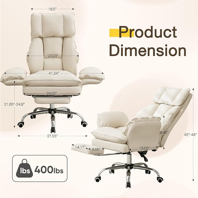 Cloud Cross Legged Office Chair with Footrest,Leather Big and Tall Executive Ergonomic Chair, Flip Armrests for Pets,155° Reclining Computer Wide Desk Chair for Home,Office (Beige)