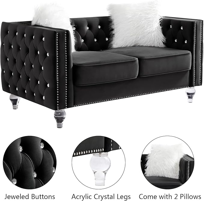 mikibama Velvet Loveseat with Buttons and Square Arms 59 Inch Tufted Sofa with Trimmed Nailhead and Metal Legs Loveseat Couch for Living Room, Bedroom (Black-Crystal Legs, Loveseat + Sofa)