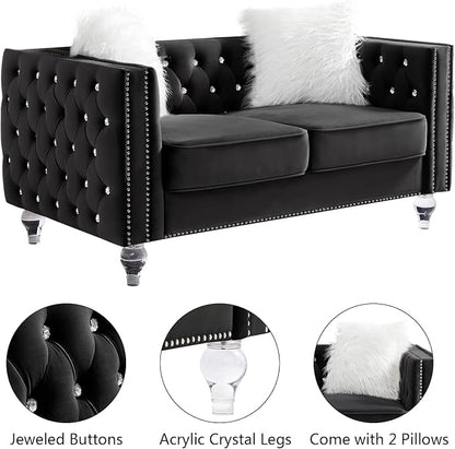 mikibama Velvet Loveseat with Buttons and Square Arms 59 Inch Tufted Sofa with Trimmed Nailhead and Metal Legs Loveseat Couch for Living Room, Bedroom (Black-Crystal Legs, Loveseat + Sofa)