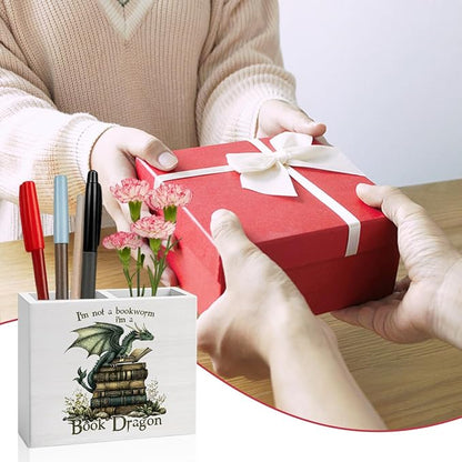 Book Gifts for Book Lovers Reader Writer Librarian Dragon book Wooden Pencil Holder desk decor for Library Office Home Christmas Birthday Holder2823