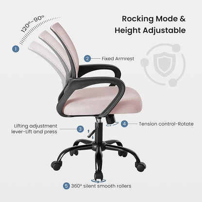 DUMOS Home Office Chair - Ergonomic Mid Back Mesh Desk Chair with Lumbar Support & Rocking Mode, Height Adjustable with Fixed Armrest, for Computer, Gaming, Meeting, Pink, 2 Pack