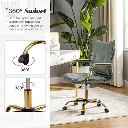 HULALA HOME Faux Leather Home Office Desk Chair, Adjustable Swivel Computer Chair with Golden Legs and Arms, Comfy Upholstered Task Chair, Sage