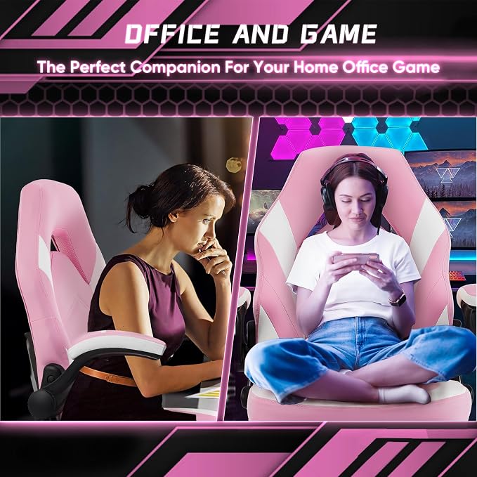 DUMOS Ergonomic Computer Gaming Chair - Home Office Desk with PU Leather Lumbar Support, Height Adjustable Big and Tall Video Game with Flip-up Armrest, Swivel Wheels for Adults, White and Pink