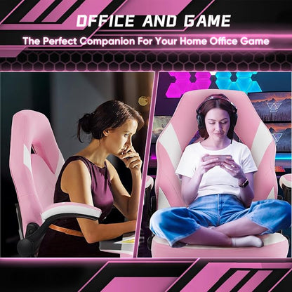 DUMOS Ergonomic Computer Gaming Chair - Home Office Desk with PU Leather Lumbar Support, Height Adjustable Big and Tall Video Game with Flip-up Armrest, Swivel Wheels for Adults, White and Pink