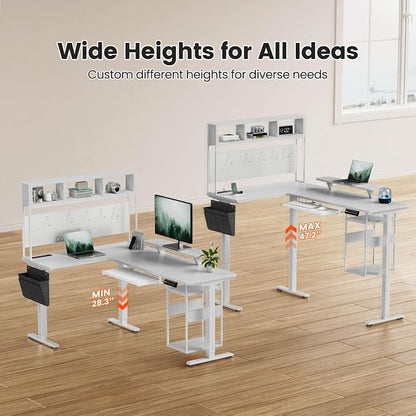 Flycity Electric L Shaped Standing Desk Adjustable Height, 67" x 47" Corner Computer Desk with Host Shelf, Gaming Desk with LED Lights & Power Outlet, Dual Motor Home Office Desk with Storage, White