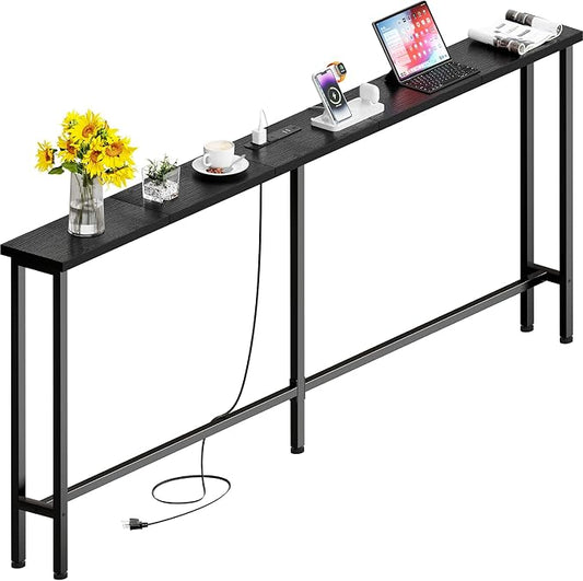 GRLEAF 63" Narrow Console Sofa Table with Built-in Power Strip (2 AC Outlets & 2 USB Ports) – 4.9ft Power Cord, Metal Frame, Easy Assembly, Ideal for Behind Couch, Hallway, and Home Office | Black
