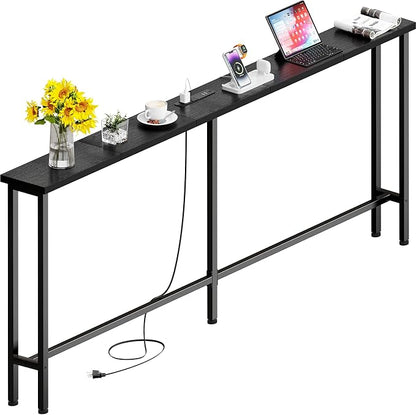 GRLEAF 78" Sofa Table with Built-in Power Strip (2 AC Outlets & 2 USB Ports) – 4.9ft Power Cord, Metal Frame, Easy Assembly, Long Couch Table Behind Sofa, Hallway, Living Room and Home Office | Black