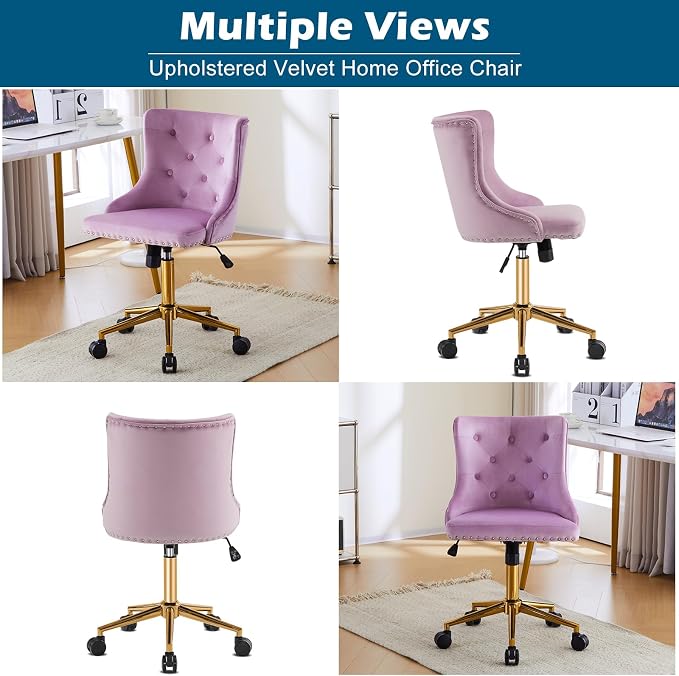 VINGLI Mauve Purple Armless Home Office Desk Chair with Gold Base/Wheels, Small Cute Vanity/Makeup Chair with Back for Bedroom, Upholstered Adjustable Rolling Swivel Nail Chair for Women/Girls