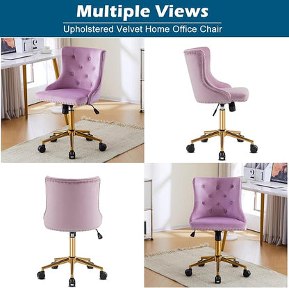 VINGLI Mauve Purple Armless Home Office Desk Chair with Gold Base/Wheels, Small Cute Vanity/Makeup Chair with Back for Bedroom, Upholstered Adjustable Rolling Swivel Nail Chair for Women/Girls