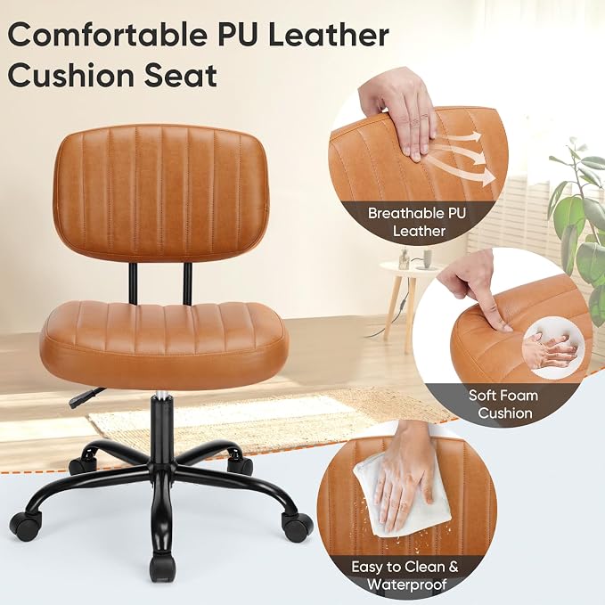 DUMOS Armless Small Home Office Desk Chair - Vanity Task Chair with Low Back, Height Adjustable PU Leather Swivel with 360° Rolling Wheels, Vanity, Bedroom, Deep Brown