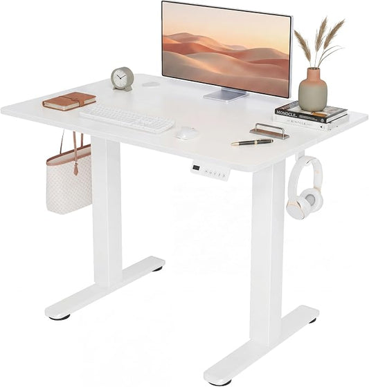 Claiks Electric Standing Desk, 35 x 20 Inch Small Height Adjustable Sit Stand Desk for Home Office, Computer Desk with Memory Presets, Cable Management & Headphone Hooks, 156 lbs Capacity, White