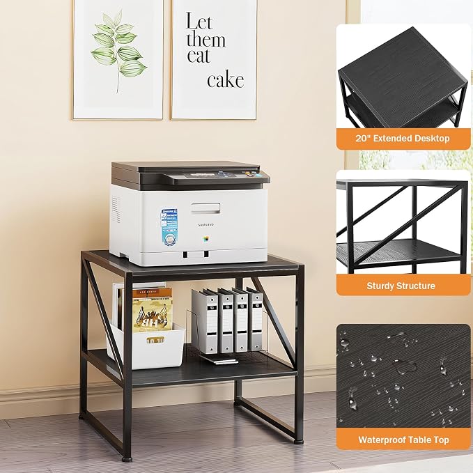2-Tier Large Priner Stand with Storage Shelf, 20"×20" Under Desk Printer Table for Home Office, Mini Fridge Stand, End Table for Living Room, Heavy Duty Storage Rack for Scanner Fax Machine, Black