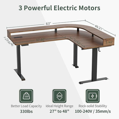 FEZIBO 63"x49" L Shaped Standing Desk with Arc LED & Power Outlet, Electric Height Adjustable L Shaped Desk with Monitor Stand, for Gaming Office, Black Walnut（2 Packages）