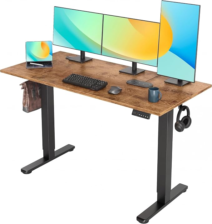 YDN Electric Standing Desk Adjustable Height, 55 x 24 Inches Sit Stand up Desk with Memory Presets & Cable Management, Home Office Desk for Office & Computer Workstation, Black Frame/Rustic Brown Top