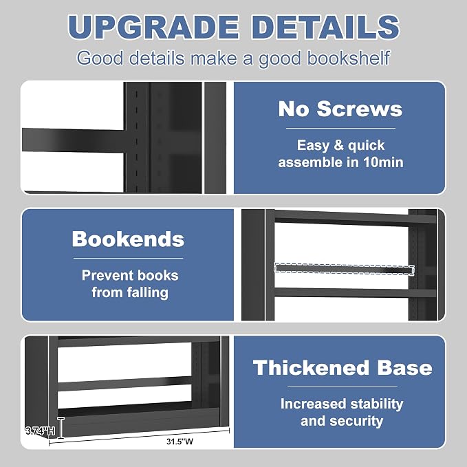 VASAAOSD Metal Bookshelf - Adjustable Black Bookcase, 5 Tier Book Shelf, Heavy Duty Sturdy Book Case, Modern Bookshelves and Bookcases for Home Office, Living Room, Bedroom, Library(69" H)