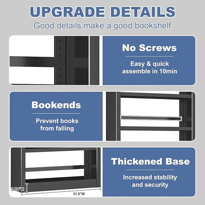 VASAAOSD Metal Bookshelf - Adjustable Black Bookcase, 5 Tier Book Shelf, Heavy Duty Sturdy Book Case, Modern Bookshelves and Bookcases for Home Office, Living Room, Bedroom, Library(69" H)