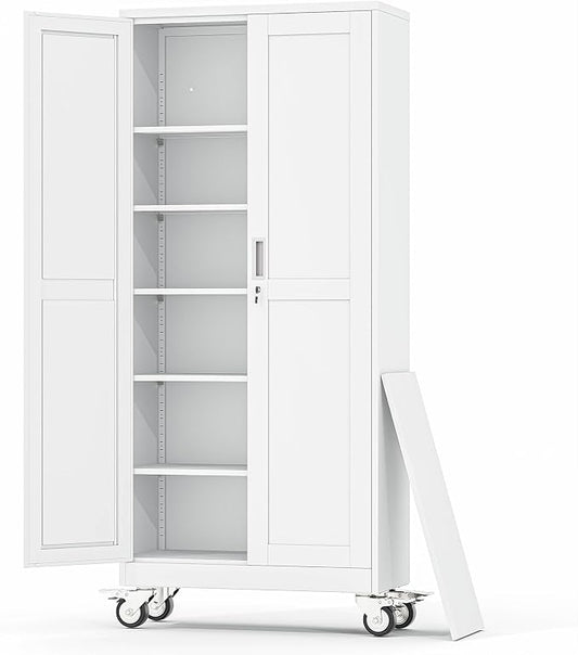 Metal Garage Storage Cabinets and storage system, 75”Tall Rolling utility cabinet with Wheels, Lock, 5 Adjustable Shelves, Heavy Duty Steel Tool Locker for Home Office, Utility Room, Gym,White