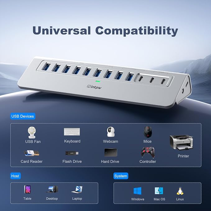 Powered USB Hub 10Gbps, intpw 12 Port USB C Hub with USB C 3.2+2 USB A 3.2, 7 USB 3.0, 2 PD 45W Charging Port, 65W Power Adapter + 3.3FT Cable, Aluminum USB Hub for PC/Laptop/iPhone 17/16/PC