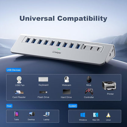Powered USB Hub 10Gbps, intpw 12 Port USB C Hub with USB C 3.2+2 USB A 3.2, 7 USB 3.0, 2 PD 45W Charging Port, 65W Power Adapter + 3.3FT Cable, Aluminum USB Hub for PC/Laptop/iPhone 17/16/PC