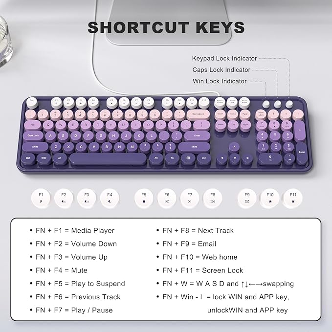 MOWUX Computer Keyboard Wired, Plug and Play USB Retro Round Typewriter Keyboard, Full Size Wired Keyboard with Foldable Stands for Laptop and Office PC- Purple Gradient