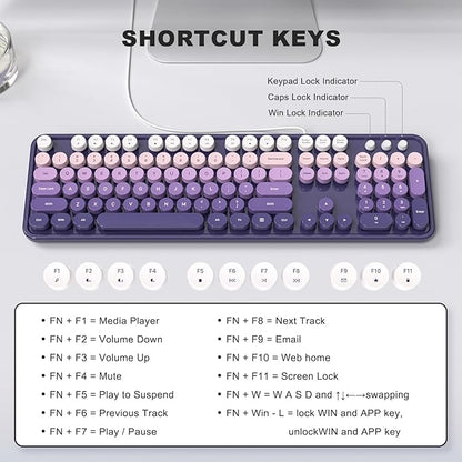 MOWUX Computer Keyboard Wired, Plug and Play USB Retro Round Typewriter Keyboard, Full Size Wired Keyboard with Foldable Stands for Laptop and Office PC- Purple Gradient