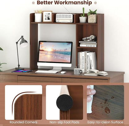 LDAILY Desktop Shelf, Multipurpose Wood Desk Hutch for Max 27" Computer Monitor, Countertop Storage Hutch with 5 Shelves, 3 Tier Desktop Display Rack for Dorm Office Home(Walnut)