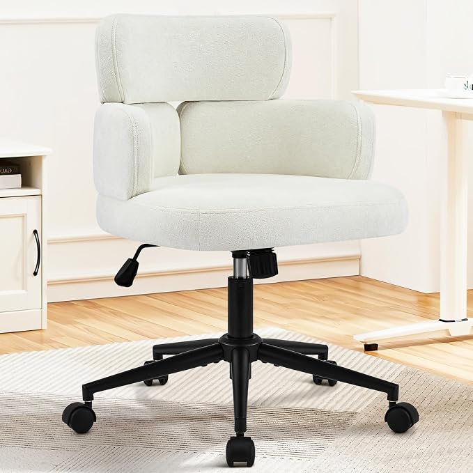 Home Office Chair with Unique Curved Back, Wide Seat Computer Desk Chair with Wheels,Swivel Tilt & Height Adjustable, Plush Chenille Fabric Matel Base for Home Office, Beige