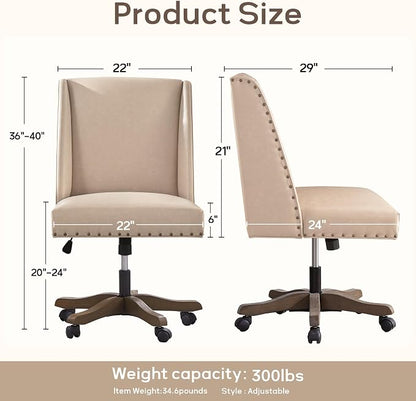 Zihanhome Armless Home Office Chair with Wooden Legs, Modern Leather Upholstered Office Desk Chair No Arms Sewing Chair Adjustable Swivel Desk Chair for Farmhouse Office Study Studio (PU Khaki)