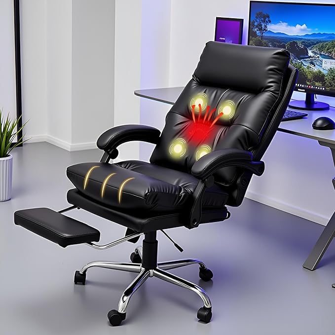 HOMREST Plush Executive Office Chair with Massage and Heat, Big and Tall Ergonomic Chair with Double-Layer Seat Cushion, Headrest, Lumbar Support, Footrest & USB for Home Office,Black