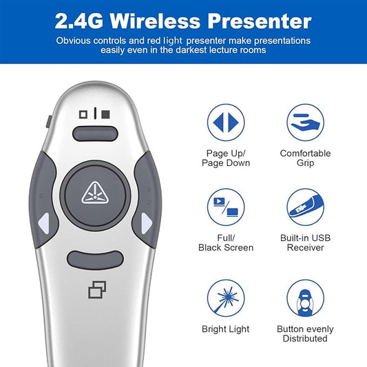 QUI Presentation Clicker Wireless Presenter Remote Clicker for PowerPoint Presentation Remote, PowerPoint Slide Advancer for Mac/Windows/Google Slide/Keynote, Silver, A