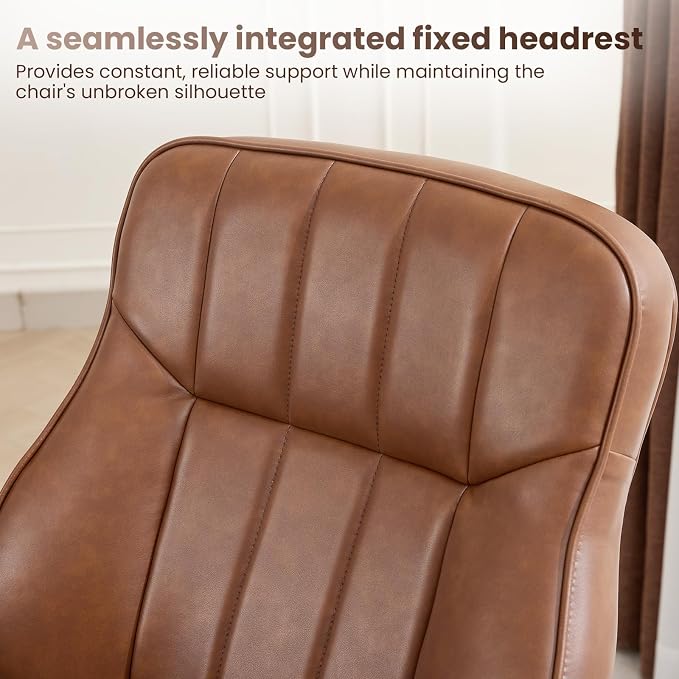 Mid Century Modern Office Chair with Inflatable Lumbar Support, Ergonomic Brown PU Leather Desk Chair with Arms, Height Adjustable Swivel Executive Computer Chair for Home Office (Brown)
