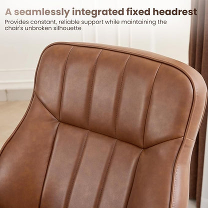Mid Century Modern Office Chair with Inflatable Lumbar Support, Ergonomic Brown PU Leather Desk Chair with Arms, Height Adjustable Swivel Executive Computer Chair for Home Office (Brown)