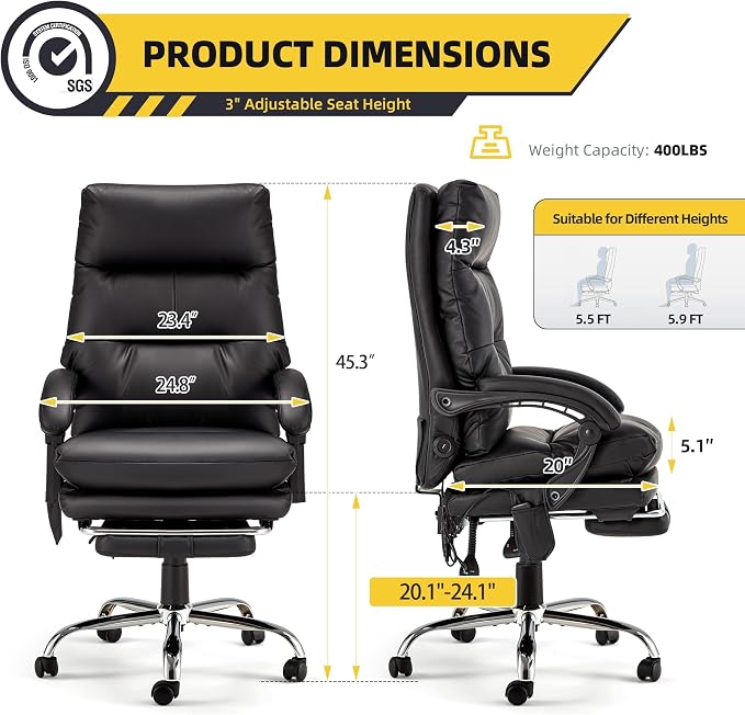 HOMREST Plush Executive Office Chair with Massage and Heat, Big and Tall Ergonomic Chair with Double-Layer Seat Cushion, Headrest, Lumbar Support, Footrest & USB for Home Office,Black