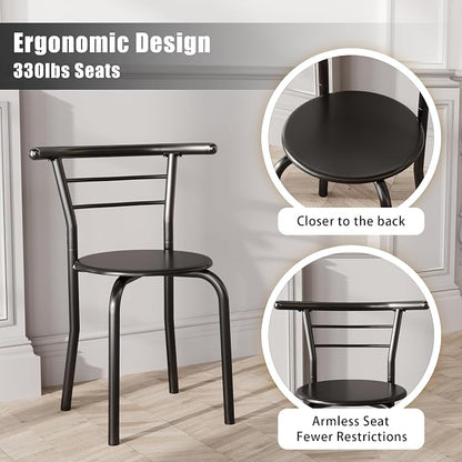 JUMMICO 3-Piece Wooden Round Table & Chair Set, Space Saving Kitchen Breakfast Nook Wood Grain Tabletop with Metal Frame and Built-in Wine Rack for Kitchen, Dining Room (Black)