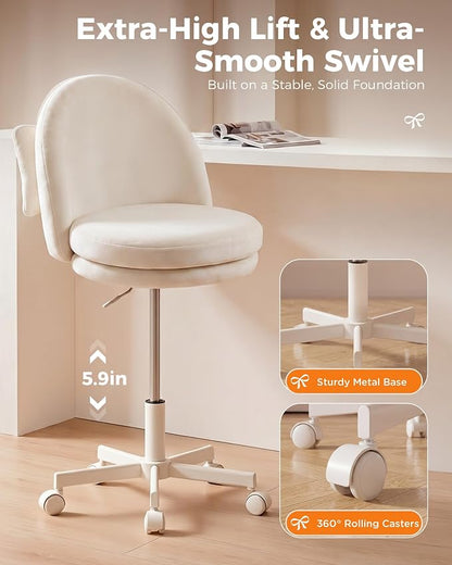GTPLAYER Velvet Tall Office Chair with Wheels Vanity Chairs with Back, Versatile Height Use: Office to Bar Stools Small Ergonomic Comfy Armlees Computer Desk Chair with Bow Lumbar Pillow for Gift