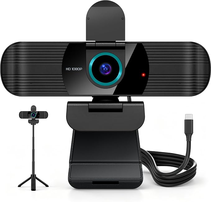 Pro HD 1080p/30fps Webcam with Tripod, External USB-C Camera for PC/Laptop | Dual noise-cancelling mics | Auto-focus | Wide-angle | Low-light correction | 360° rotation | CMOS sensor | Plug and Play