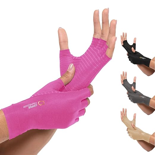 Copper Compression Arthritis Gloves | Fingerless Arthritis Carpal Tunnel Pain Relief for Men & Women | Hand Support Wrist Brace for Neuropathy, Rheumatoid, Tendonitis, Swelling, Crocheting Pink L