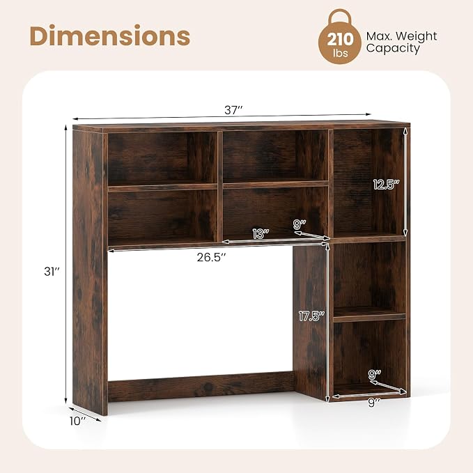 GOFLAME 7 Cubes Desktop Bookshelf, 37” Desk Organizer Shelf with 3 Adjustable Shelves, 3-Tier Wood Countertop Display Rack, Multipurpose Tabletop Desk Hutch for Dorm, Home Office, Rustic Brown