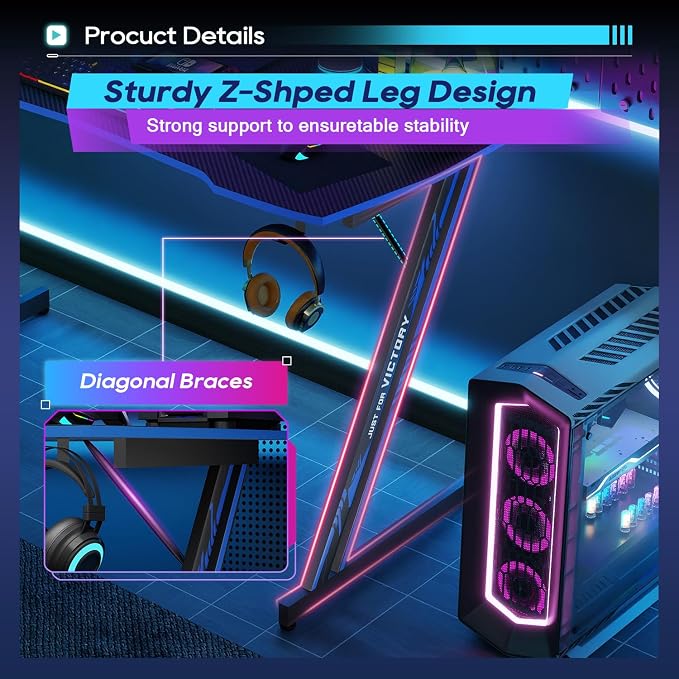 BestOffice 39" Gaming Desk Computer Gaming Desk Z Shaped Gaming Workstation Ergonomic Gaming Table with Headphone Hook for Game Players,Black&Blue