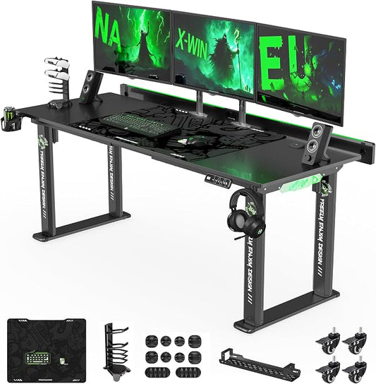 71" Gaming Standing Desk for Gamers & Streamers, 4-Leg Electric Sit Stand Desk with LED Lights, Flip-Top Cable Management, Stable Computer Desk with Wheels