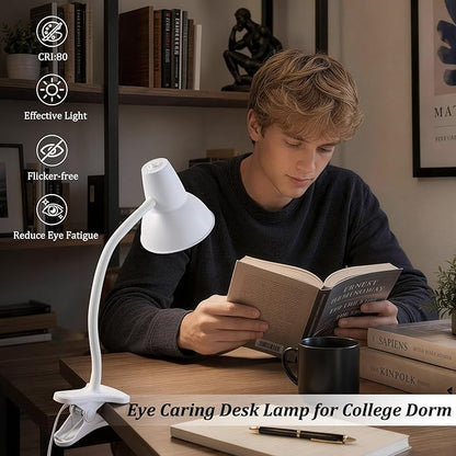 Clip On Led Desk Lamp, Flexible Gooseneck, Eye-Caring 4.5W Energy-Saving Study Lamps, Anti-tip Bedside Reading Light, Desk Lamps for College Dorm Room, Home Office, Modern Lamp with 1.6m Cord, White