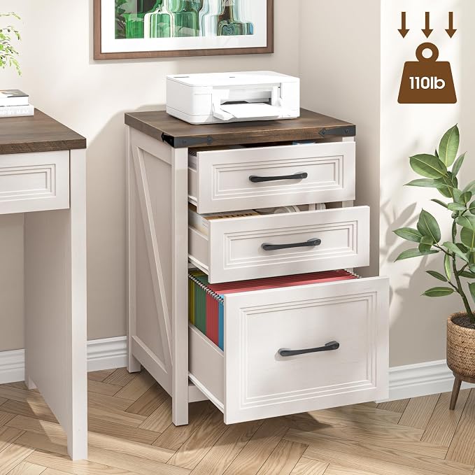 Vabches 3 Drawer Vertical File Cabinet, Wood Farmhouse Filing Cabinet Fits A4/Letter Size, Under Desk Small File Cabinets Printer Stand with Storage for Home Office, White and Brown